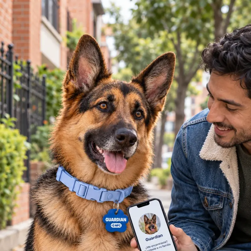 Pastor alemán Guardian con su placa de identificación para perro azul en forma de huella; un vecino lo encontró y ve su perfil en el celular