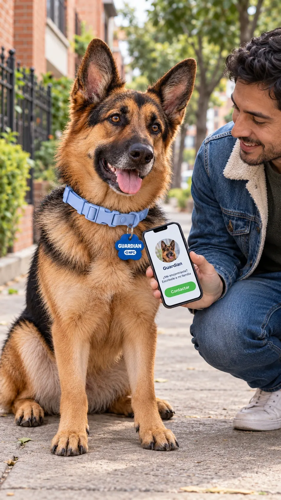 Pastor alemán Guardian con su placa de identificación para perro azul en forma de huella; un vecino lo encontró y ve su perfil en el celular