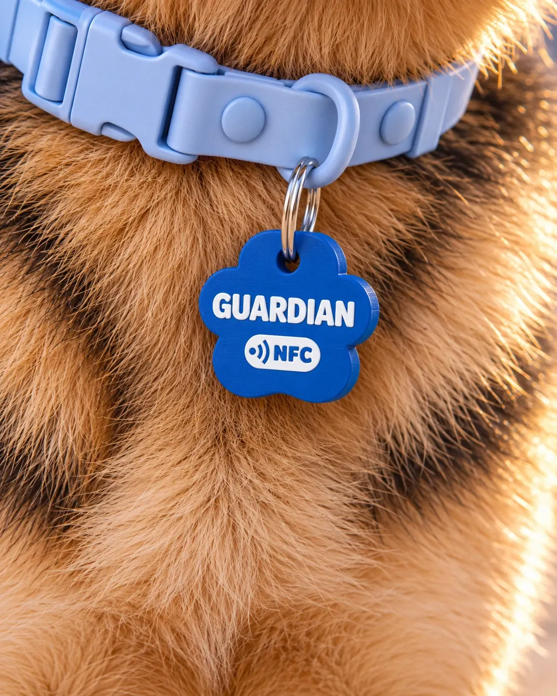 Primer plano de la placa de identificación para perro azul en forma de huella con el nombre Guardian, colgada del collar