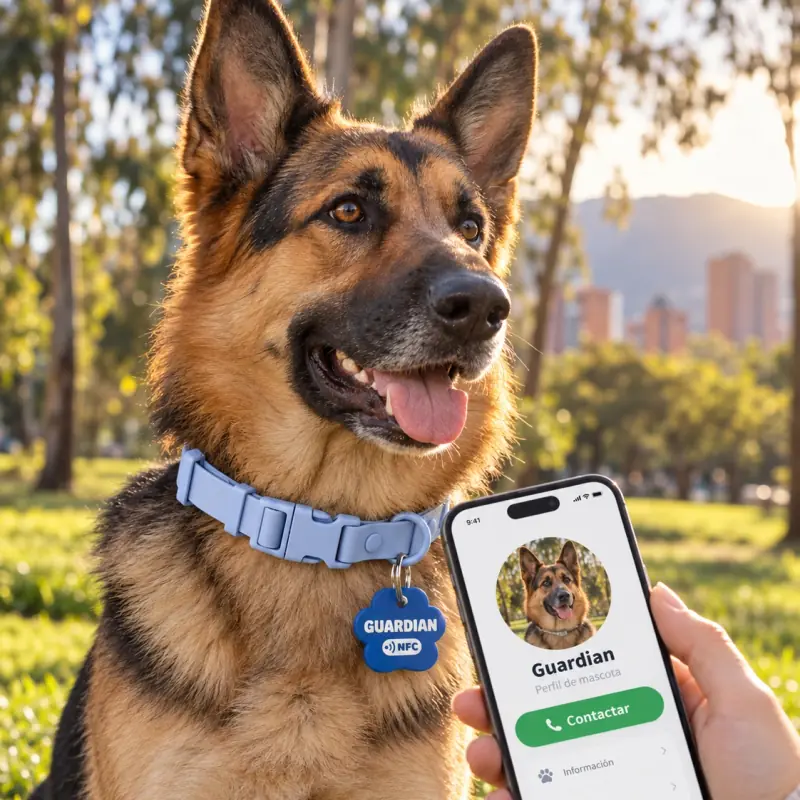 Placa de identificación para perro en forma de huella azul con el nombre Guardian junto al celular con su perfil