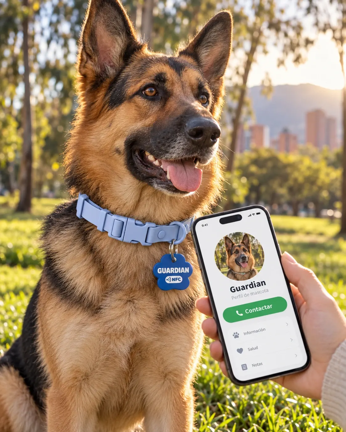 Placa de identificación para perro en forma de huella azul con el nombre Guardian junto al celular con su perfil