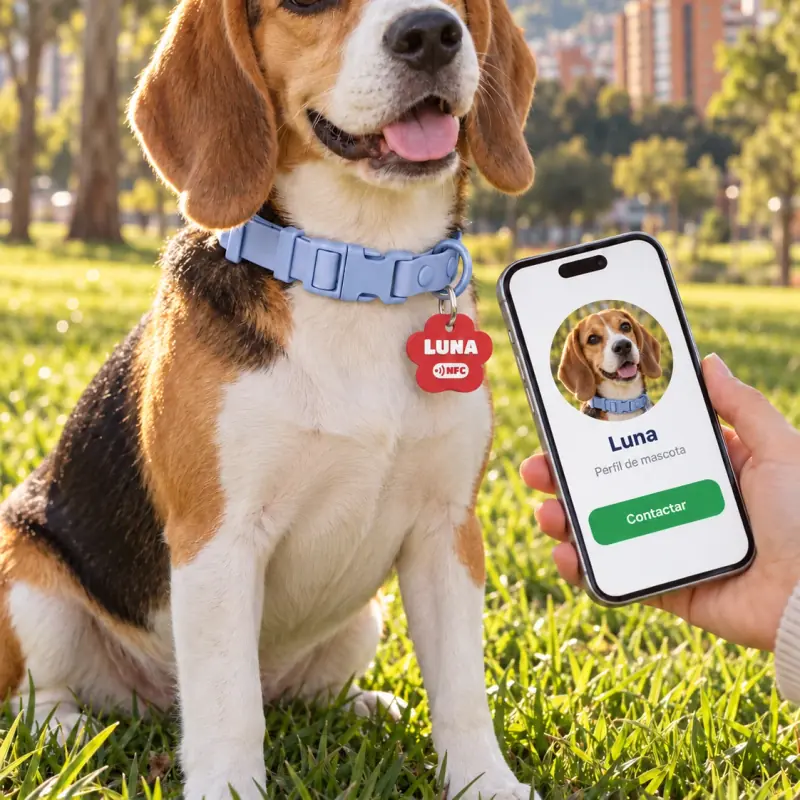 Beagle Luna con su placa de identificación para perro roja en forma de huella y su perfil en el celular