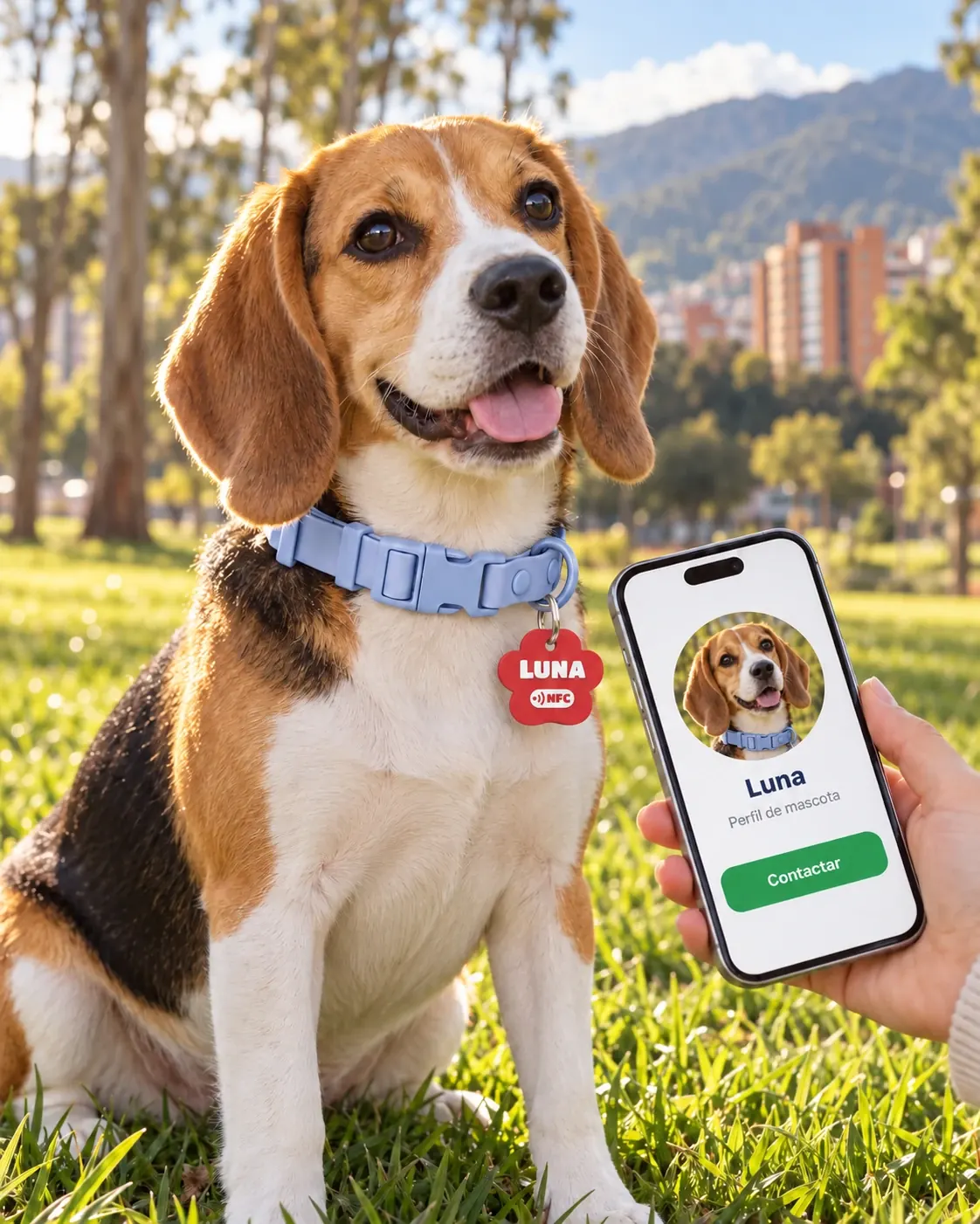 Beagle Luna con su placa de identificación para perro roja en forma de huella; al acercar el celular se abre su perfil para contactar