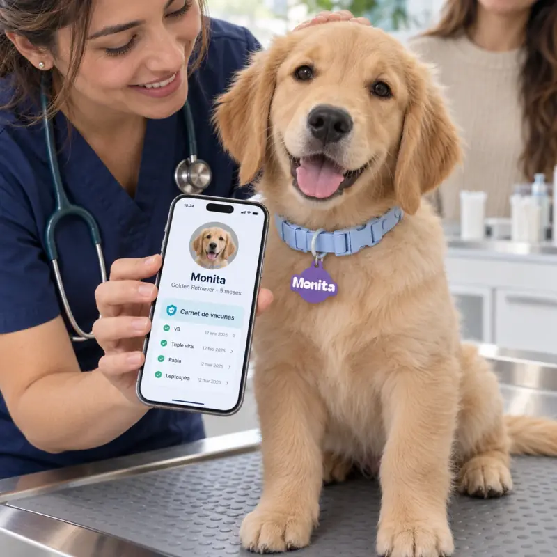 Golden retriever Monita con su placa de identificación para perro morada con su nombre; la veterinaria abre su carné de vacunas