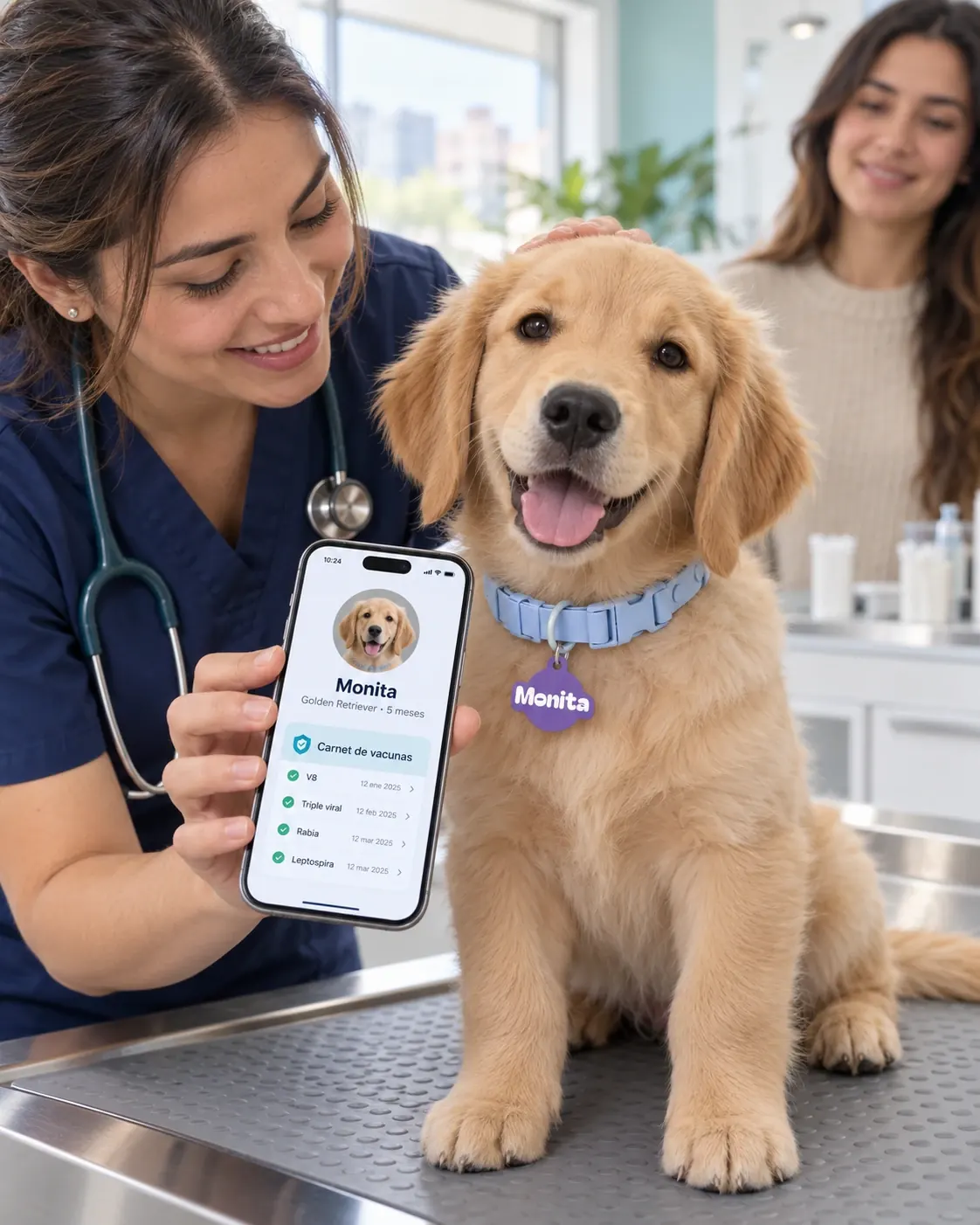 Golden retriever Monita con su placa de identificación para perro morada con su nombre; la veterinaria abre su carné de vacunas en el celular