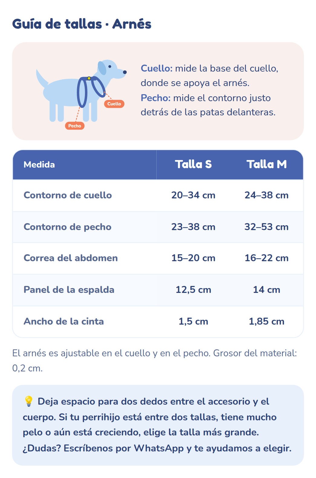 Guía de tallas del arnés: medidas de la talla S y M en cm